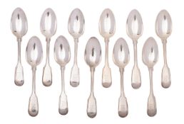 A set of eleven Victorian silver fiddle and thread pattern teaspoons, makers John & Henry Lias,