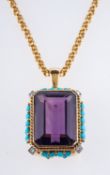A large amethyst, turquoise and diamond pendant with chain,