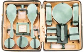 A George V silver, enamel and glass vanity case by Goldsmiths and Silversmiths Co.