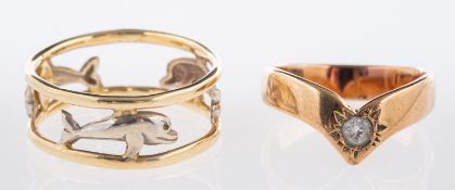 Two gold rings, including an openwork dolphin design ring, marked 14k, size P, 2.