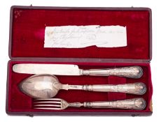 A Victorian silver three piece christening set by George Unite, Birmingham 1838, Queens pattern,