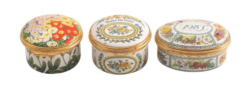 A group of three Halcyon Days enamel box