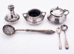 A George V silver three piece cruet set
