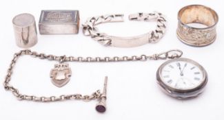 A silver cased pocket watch and chain, a