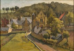 British School (early 20th Century) - two landscapes- Village scene with houses and a procession