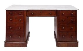 A Victorian mahogany pedestal wash stand the white marble top of recessed break front outline,