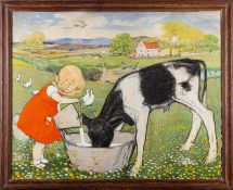 Muriel Dawson (British, fl.1920-1962) - Feeding the Calf - Pastel, watercolour and bodycolour - 67.