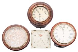 A Victorian mahogany cased circular wall clock with enamel dial and Roman numerals, 39cm,