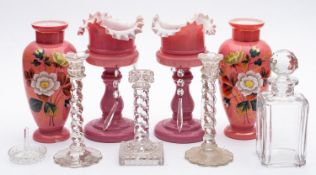 A pair of later 19th/ early 20th century pink glass lustres together with a pair of Continental