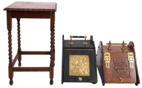 A late Victorian stained walnut and brass mounted coal box with brass carrying handle and sloping