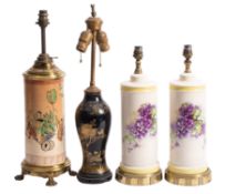 A gilt chinoiserie ceramic twin light table light,