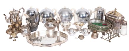 A collection of various plated wares, including: an EPBM three-piece tea service,