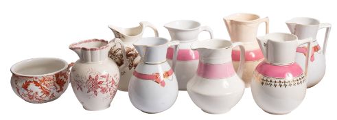 A collection of Staffordshire pottery chamberwares, with glazed and transfer decoration.