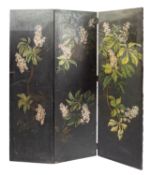 A Victorian painted canvas three-fold room screen, late 19th Century, decorated with flowers,