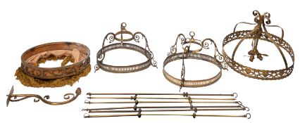 Three Edwardian brass circular hanging light fittings, and another, fringed.