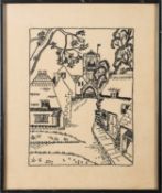 Two black stitch embroidered pictures, a