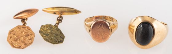 Two signet rings and two odd cufflinks,