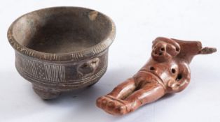 A Pre-Columbian, Costa Rica earthenware vessel, with low bun feet and incised decoration,