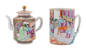 A Chinese Canton famille rose cylindrical mug and a similar teapot and cover painted in bright