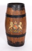 A Victorian metal bound oak and transfer applied stick stand,