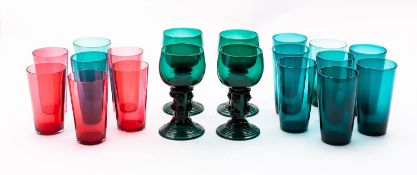 A group of green and cranberry wine glasses and tumblers comprising a set of four German-style