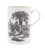 A First Period Worcester large cylindrical mug transfer printed in black after Robert Hancock with