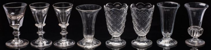 A mixed lot of 19th century clear glassware comprising three deceptive dram/wine glasses;