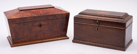 A George III mahogany and marquetry tea caddy,