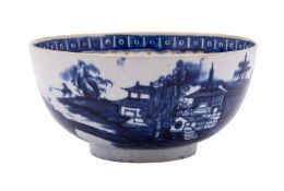 A Pennington's Liverpool blue and white bowl painted with Chinese lake landscapes,