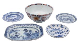 A mixed lot of Chinese porcelain including a blue and white saucer dish with barbed and moulded rim,