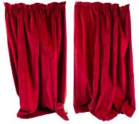 A pair of red velvet curtains, 20th century; with pleated tops and cream cotton lining; 204cm high,