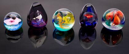 Five Caithness paperweights comprising, a Dragon Fly Weight, numbered 115/500; Accord,
