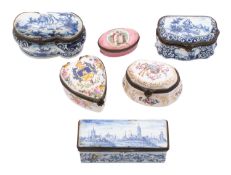 A group of Continental pottery snuff boxes together with a Staffordshire enamel patch box including