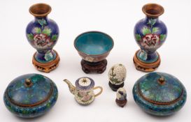 A mixed lot of Chinese cloisonne, 20th century comprising a pair of baluster vases,