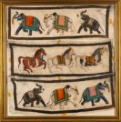 A set of three Indian paintings on silk depicting processions of decorated elephants and horses,