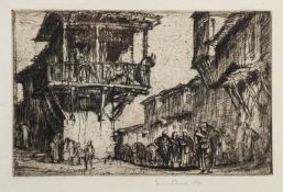 *Sir Frank Brangwyn (British, 1867-1956) - Street scene with medieval loggias - Etching - 12.