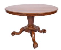 A Victorian mahogany circular breakfast table, circa 1860; the flip top with moulded edges,