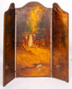 A Continental painted leather three fold room screen in 18th century taste,