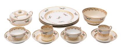 A Derby porcelain part tea and coffee service painted with sprays of red berries and foliage,