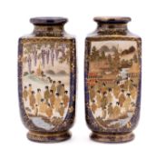A pair of Satsuma pottery vases of shouldered square form painted front and verso with numerous