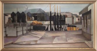 Stanley Simmonds (British, 1917-2006) - Fish Quay, Barbican, Plymouth - Oil on panel - 59.5 x 120.