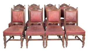 A set of ten Victorian oak and leather upholstered dining chairs in William & Mary style,