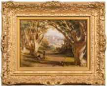 Edmund Thomas Parris (1793-1873) - Mickleham from Norbury Park; woodcutters in a tree-lined avenue,