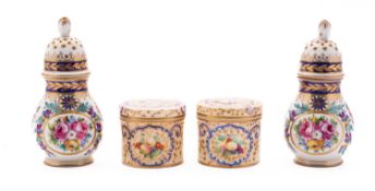 A pair of small Copeland and Garrett porcelain cylindrical boxes and covers and a pair of