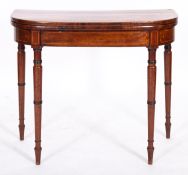 A Regency mahogany and line inlaid card table, early 19th century; of 'D' section,