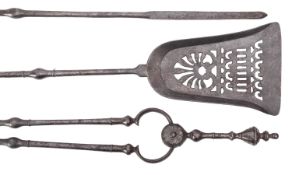 A set of Regency steel fire tools, early 19th century; comprising shovel, poker and tongs,