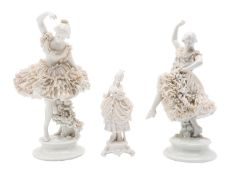 Two Continental white crinoline figures of dancers and one smaller faux Ludwigsburg marks,