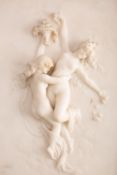 A Victorian sculpted white marble relief of entwined maidens, in Neoclassical style,