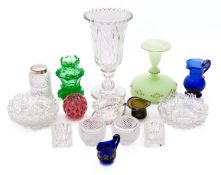 A mixed lot of coloured and clear glassware including a pale green frosted pedestal bowl applied