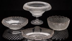 A large cut glass pedestal turnover bowl and separate stand together with three bowls/liners all